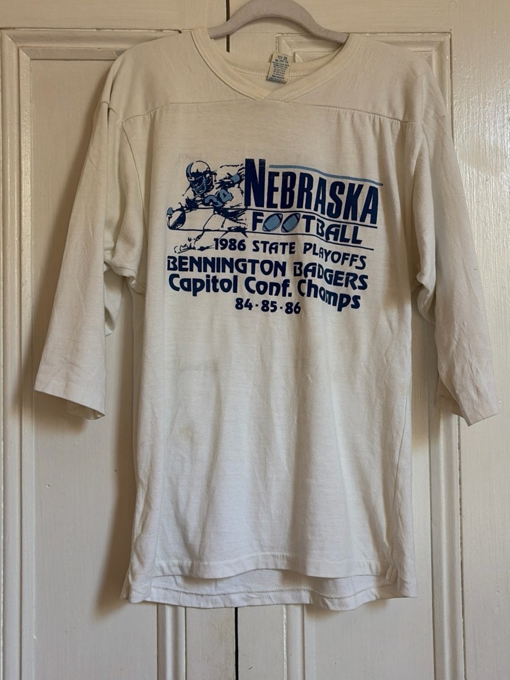 Vintage Bennington Nebraska Football White + Blue 3/4 sleeve Tee - 1986